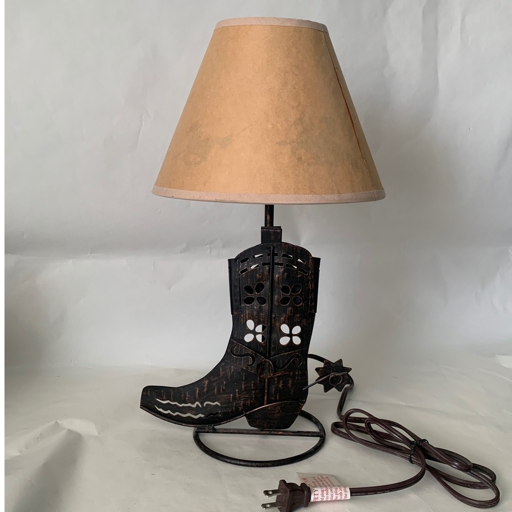 Cowboy Boot Table Lamp Brown Rustic Western Metal Horse Shade Flaw